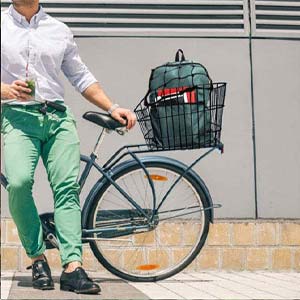backpack in bike rear basket