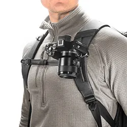 camera & binoculars attached to the backpack