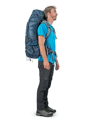 a men wearing osprey atmos ag 65l fitting and adjustability test