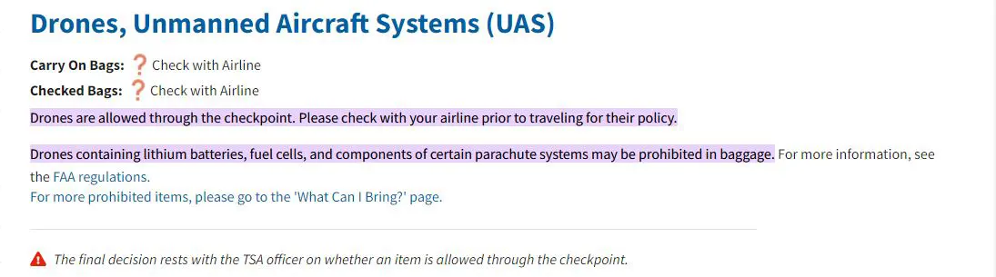 TSA guidelines to carry drone on plane