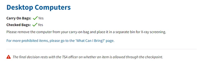 TSA rules to carry desktop computer by plane